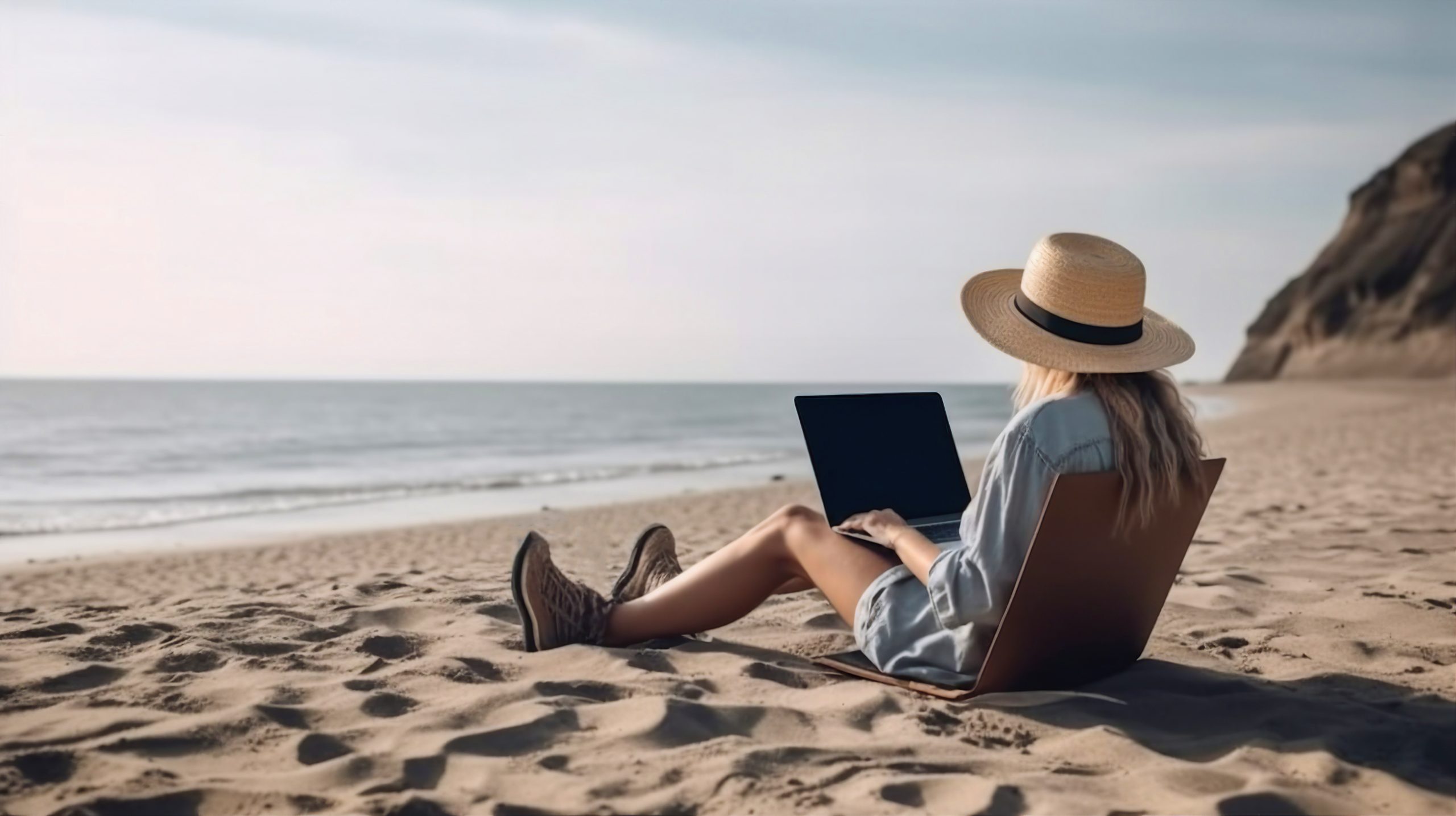 Young freelancer woman using a laptop computer on the beach - Ex Pat Tax